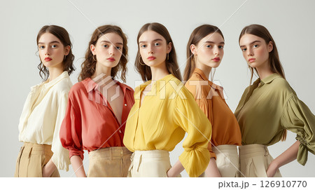 カラーパレットの魔法、春色をまとう同一女性のファッションコーディネート 126910770