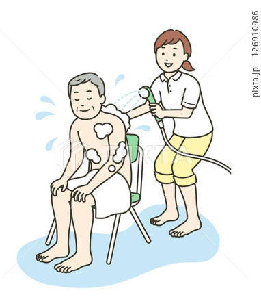 入浴介助をする介護士とシャワーを浴びる高齢男性のイラスト 126910986