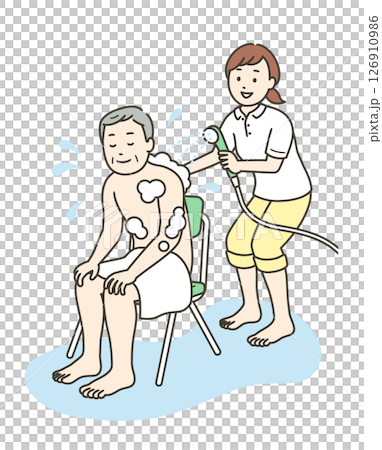 入浴介助をする介護士とシャワーを浴びる高齢男性のイラスト 126910986