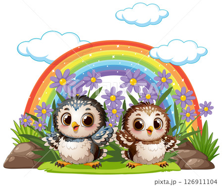 Owls Under a Rainbow with Flowers 126911104