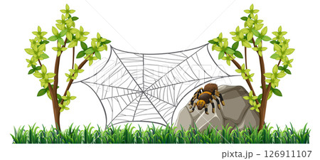 Spider on Rock with Web in Nature Scene 126911107