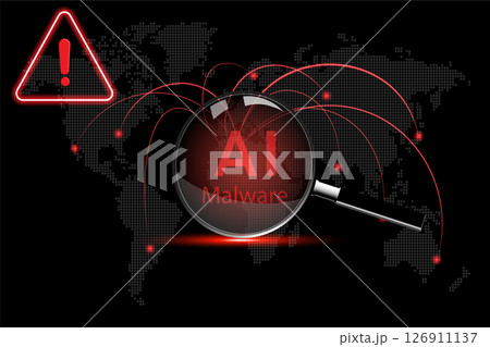 Concept of Malware. Magnifying glass with a AI Malware word on world map background. 126911137