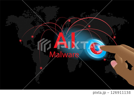 A finger presses a button to run AI-generated malware. cyberattacks. 126911138