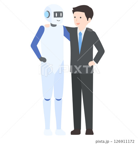 肩を組んで協力しているスーツの男性とロボット 126911172