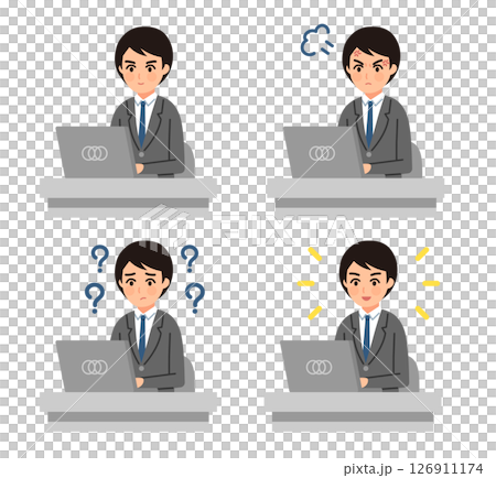 Illustration set of a male office worker using a computer 126911174