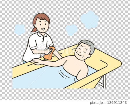 入浴介助をする介護士と湯船に浸かる高齢男性のイラスト 126911248