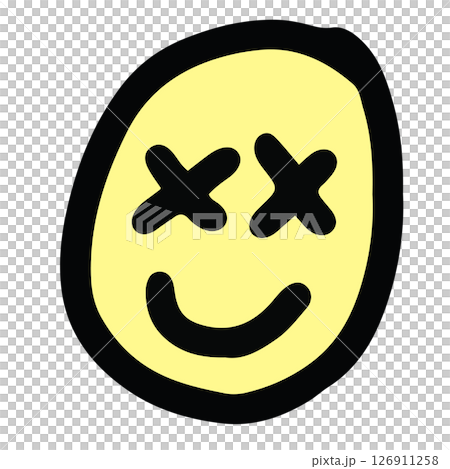 Hand drawn illustration of happy face for sticker, logo, icon, mood, positive vibe, good energy, tattoo, decorations, cute patch, brooch, shirt print, sign, symbol, emoji, expression 126911258