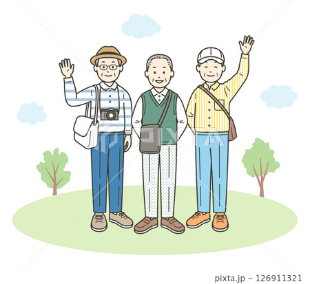 仲の良い高齢男性グループが旅行先で楽しんでいる全身イラスト 仲の良い高齢男性グループが旅行先で楽しんでいる全身イラスト 126911321