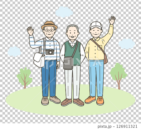 仲の良い高齢男性グループが旅行先で楽しんでいる全身イラスト 仲の良い高齢男性グループが旅行先で楽しんでいる全身イラスト 126911321