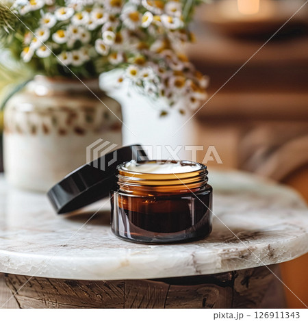 Cosmetic cream in a glass jar. Skin care concept. Background for beauty products 126911343