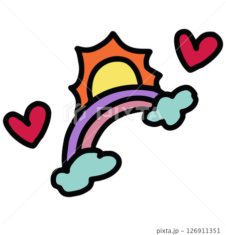 Hand drawn illustration of rainbow, clouds, sun, heart for sticker, kid drawing style, art, tattoo, spring, summer, decoration, patch, brooch, shirt print, sign, symbol, emoji, Pride Month 126911351