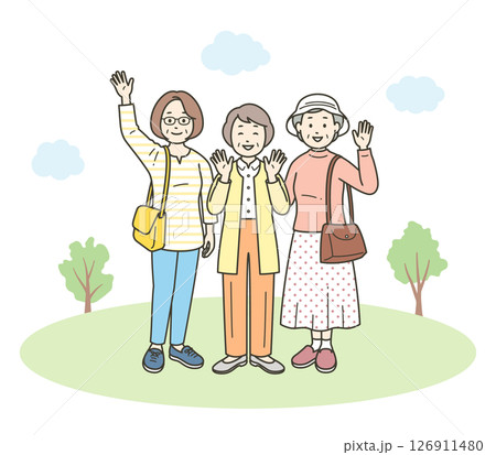 仲の良い高齢女性グループが旅行先で楽しんでいる全身イラスト 仲の良い高齢女性グループが旅行先で楽しんでいる全身イラスト 126911480