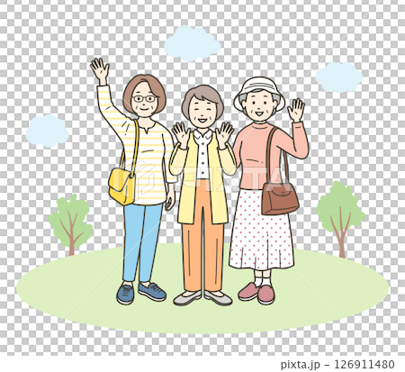 一群友善的老年婦女在旅遊目的地玩得開心的全身插圖 126911480