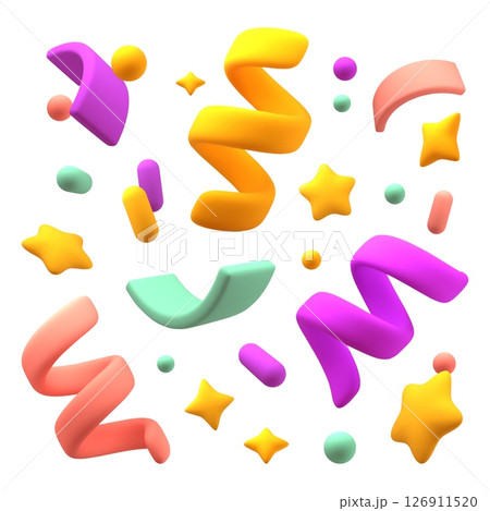 Cartoon 3d confetti. Birthday party elements, serpentine, glossy stars and dots, cute chubby design, holiday firecrackers, popper content, celebration icon render isolated classy vector set 126911520