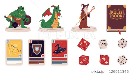 Rpg board game elements. Polygonal dices, cards template, wizard, dragon and orc with weapon, fantasy adventure world, figures, rules book, cartoon isolated boardgame nowaday vector set Rpg board game elements. Polygonal dices, cards template, wizard, dragon and orc with weapon, fantasy adventure world, figures, rules book, cartoon isolated boardgame nowaday vector set 126911546