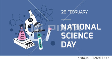 Science day poster. Chemistry or biology laboratory tools, experiments and tests elements, flasks and microscope, scientific, medical and research banner template, garish vector concept Science day poster. Chemistry or biology laboratory tools, experiments and tests elements, flasks and microscope, scientific, medical and research banner template, garish vector concept 126911547