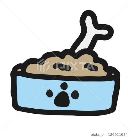 Hand drawn illustrations of pet bowl with food and bone for cartoon, comic, cute patch, shirt print, adopt and rescue animal, pet shop, vet, foster home, shelter, department store, supermarket, icon 126911624