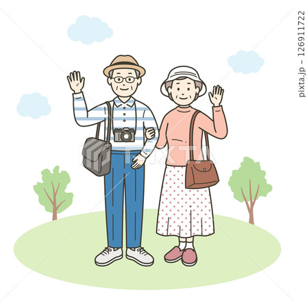 仲の良い老夫婦が旅行先で楽しんでいる全身イラスト 126911722