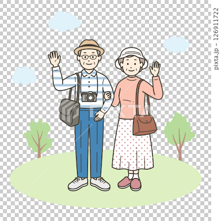 仲の良い老夫婦が旅行先で楽しんでいる全身イラスト 126911722