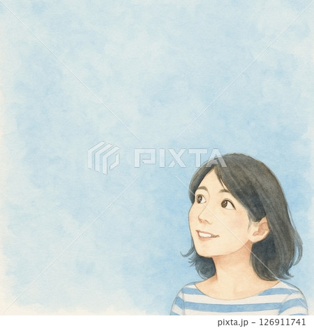 若い女性が見上げる淡いブルーの正方形バナー(イラスト) 126911741