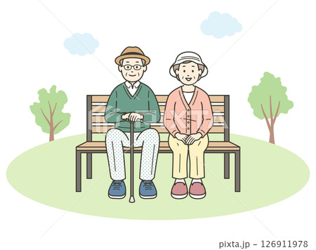 仲の良い老夫婦がベンチに座ってくつろいでいる全身イラスト 仲の良い老夫婦がベンチに座ってくつろいでいる全身イラスト 126911978