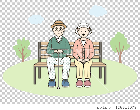 A full-body illustration of a friendly elderly couple relaxing on a bench 126911978