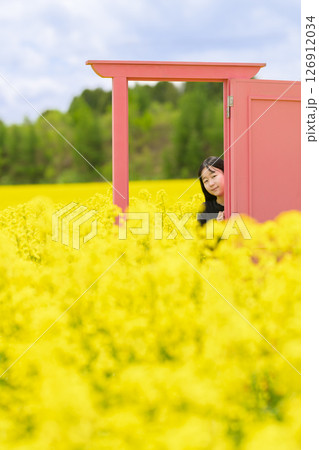 満開の菜の花畑を観光する女性（ピンクのドア） 126912034
