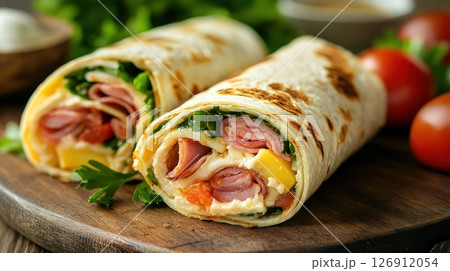 Ham and cheese wrap with smoked ham, Swiss cheese, and fresh vegetables, rolled in a whole wheat tortilla 126912054