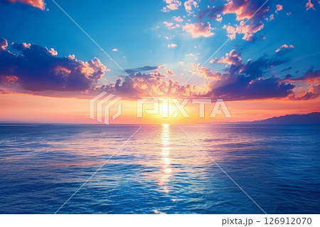 beautiful dramatic sunset over sea sunlight blue sky sea level landscape tranquil waters nature beauty revealed AI Generated 126912070