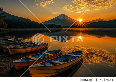 boats are resting on the shore in Japan is Lake Kawaguchiko, Mount Fuji with its morning baclground . 126912084