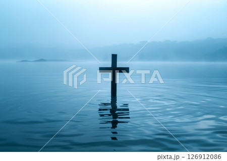 Christ with cross in water submerged in a blue lake. Generative AI 126912086