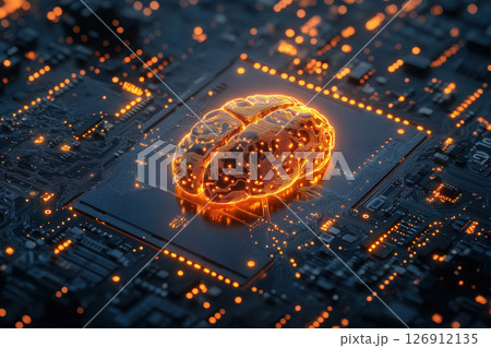 A glowing digital brain displayed on a circuit board symbolizing advanced AI technology. 126912135