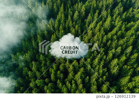 Carbon credit icons is on a cloud. Carbon credit concept. Tradable certificate to drive industry and company in the direction of low emissions in efficiency cost. 126912139