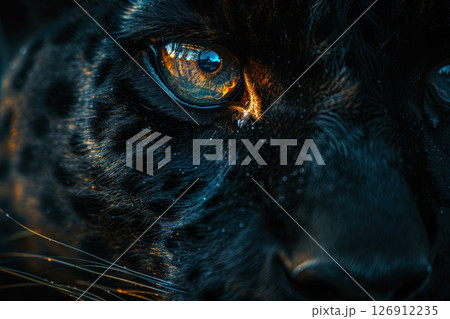 close up eye of a leopard, feared shock face, full head deep forest color scheme, generative ai close up eye of a leopard, feared shock face, full head deep forest color scheme, generative ai 126912235