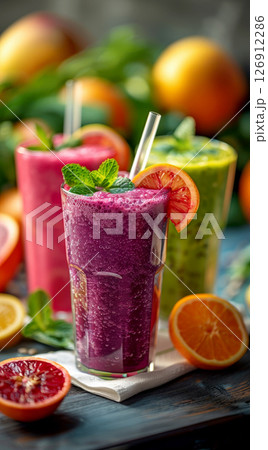 Collage of glasses with fresh delicious smoothie and straw on white background 126912286