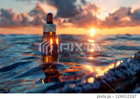 dropper bottle for cosmetics on the sea .cosmetic bottle mockup with skin care concept. Generative AI 126912287