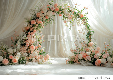 Maternity backdrop, wedding backdrop, photography background with delicate flowers. generative ai Maternity backdrop, wedding backdrop, photography background with delicate flowers. generative ai 126912293