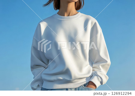 White sweatshirt mockup on a woman with isolated background White sweatshirt mockup on a woman with isolated background 126912294