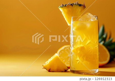 pineapple juice next to a pineapple on a counter top with a half of the pineapple in the foreground. generative ai pineapple juice next to a pineapple on a counter top with a half of the pineapple in the foreground. generative ai 126912313