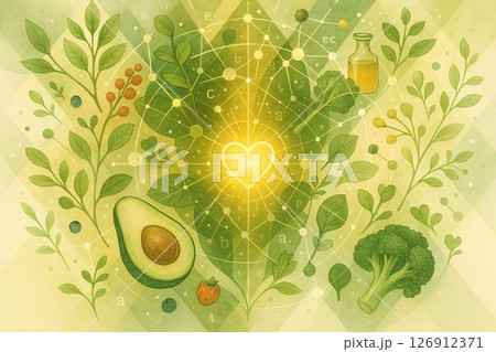 A glowing heart is centered in a leafy network surrounded by vegetables, herbs, and nutrients on a green grid.Concept: Wholesome plant-based nutrition as the foundation of heart health. 126912371
