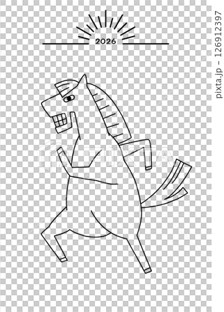 シンプルで個性的な線画の午年年賀状 馬 モノクロ 2026年 126912397