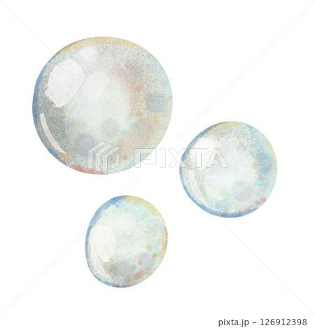 Set of three colorful watercolor bubbles with soft textures. Hand-drawn digital illustration in a children's style. Ideal for kids' decor, books, cards, and educational materials 126912398