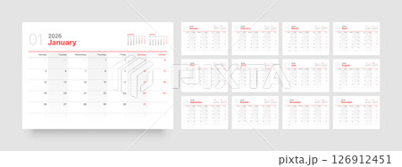 Monthly calendar layout for 2026. Planner diary. Monthly calendar layout for 2026. Planner diary. 126912451
