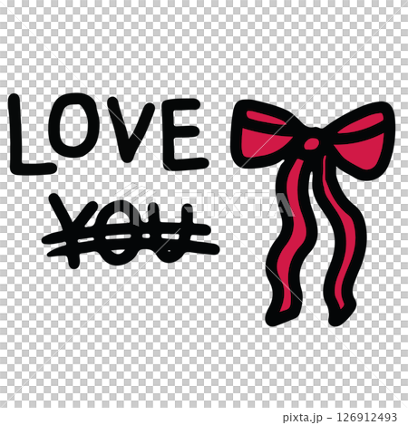 LOVE YOU and red ribbon for font, typography, text, message, decorations, sticker, tattoo, girl's power, Valentine's Day, cute patch, shirt print, brooch, pin, card, post card 126912493
