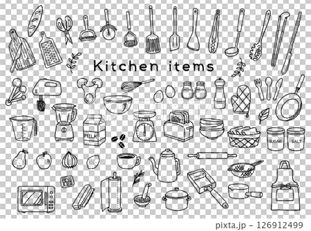Kitchen item illustration set - Hand-drawn monochrome line drawings 126912499