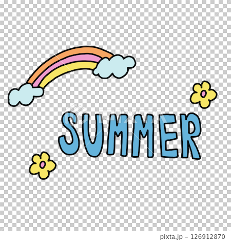 Hand drawn illustration of rainbow, clouds, SUMMER letters, flower for sticker, kid drawing style, art, tattoo, spring, summer, decoration, patch, brooch, shirt print, sign, symbol, emoji, Pride Month 126912870