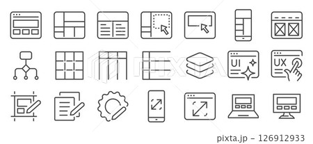 Template icon set. It included mockup, wireframe, grid system, layout, web, responsive design and more icons. Editable Vector Stroke. 126912933
