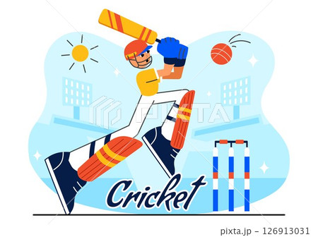 Batsman Playing Cricket Vector Illustration Featuring Bat and Ball on the Field for a Championship Tournament League in a Flat Style Background 126913031