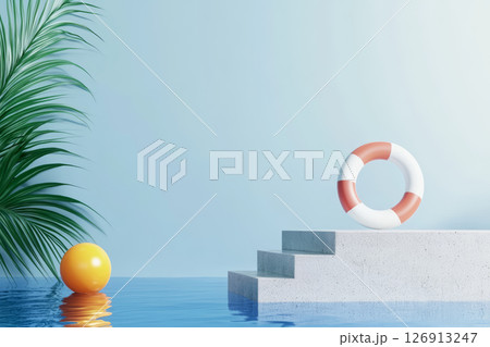 serene summer scene featuring lifebuoy and vibrant yellow ball beside tranquil pool, surrounded by lush greenery 126913247