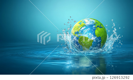 Globe with green continents splashing in water, symbolizing environmental awareness and beauty of our planet 126913292